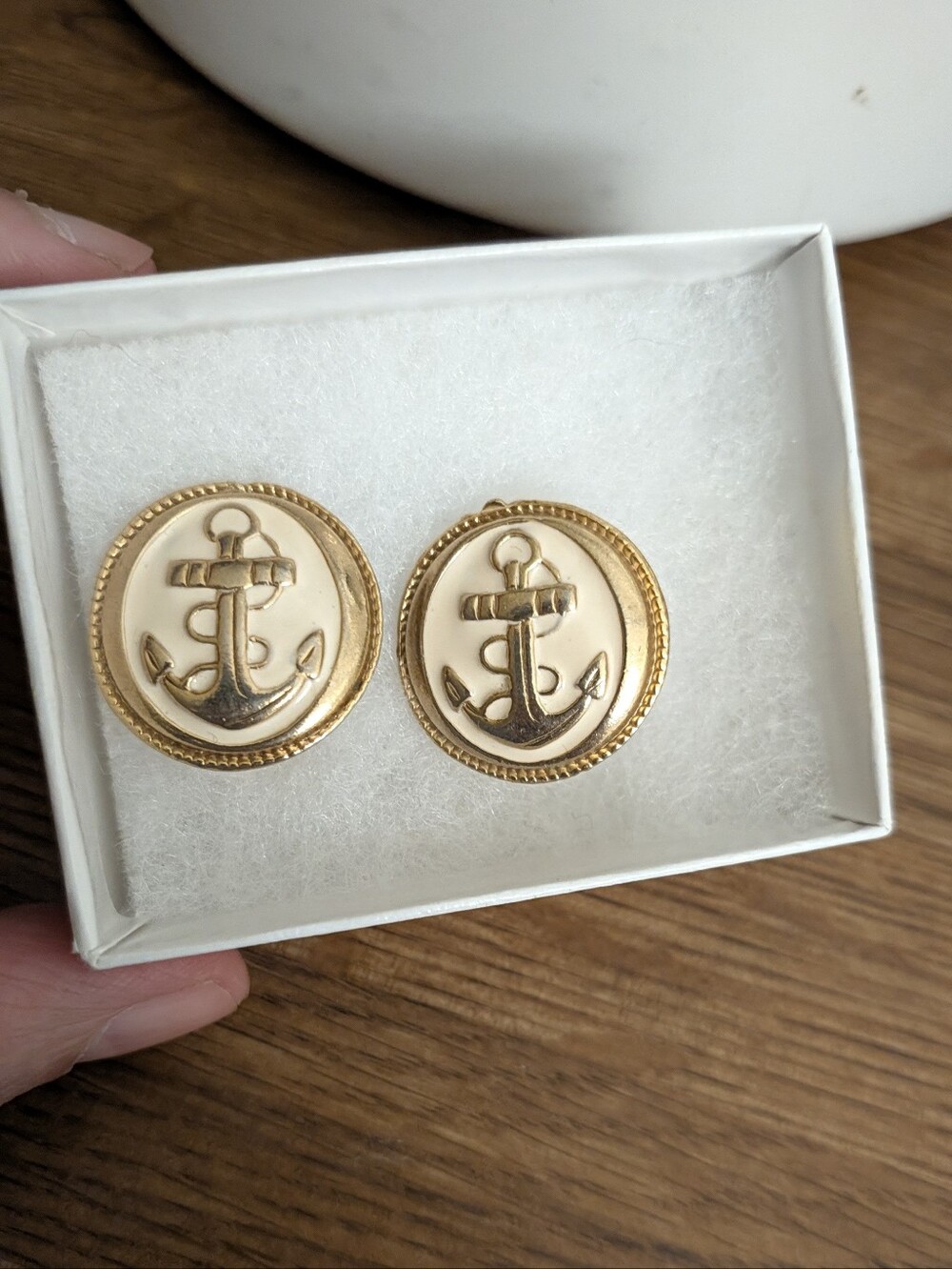 White & Gold Anchor Stud Earrings